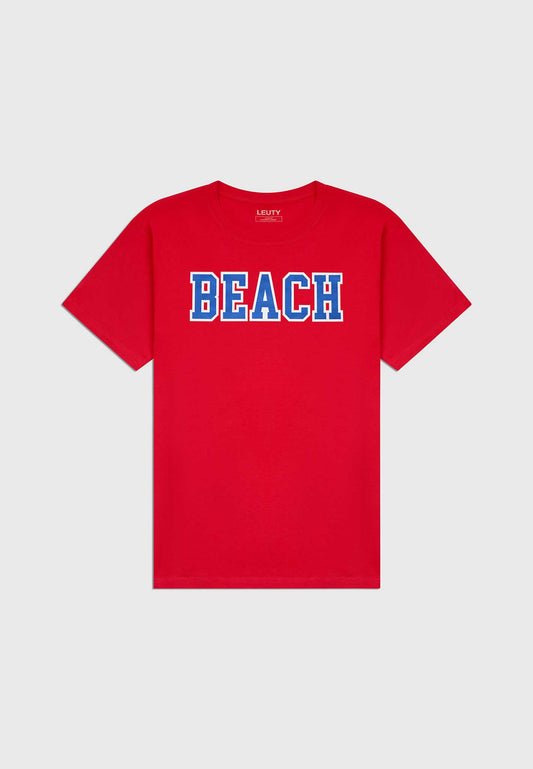 Beach Classic Fit T-Shirt - Denim Blue on Red - 1 | Leuty