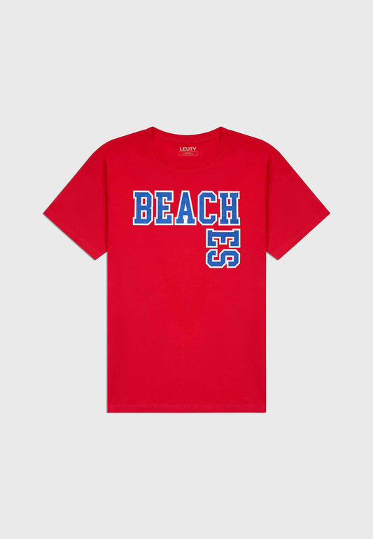 Beaches Classic Fit T-Shirt - Denim Blue on Red - 1 | Leuty